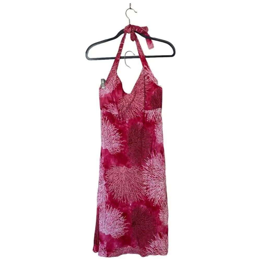 HILO HATTIE Coral Print Nohea Short Dress L3069 Halter Dress Hawaiian Tropical M